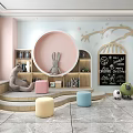 Cozy Modern Lounge Area Interior With Curved Sofa Stools And Colorful Wall Decor