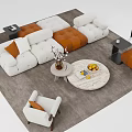 Modern White and Orange Sofa with Round Coffee Table and Decorative Plants Rug Side Table 3d model