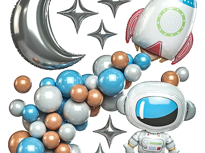 Space Themed Balloon Decorations With Astronaut Rocket Moon Stars And Colorful Orbs 3d model