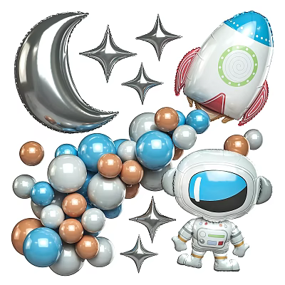 Space Themed Balloon Decorations With Astronaut Rocket Moon Stars And Colorful Orbs 3d model