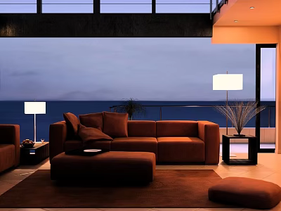 Modern Living Room Sofa and Coffee Table Set With Sea View Ottoman and Floor Lamp 3d model