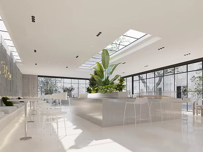 Modern Bubble Tea Shop Interior With Open Layout Green Plants White Bar And Large Windows 3d model