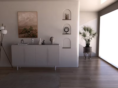 Modern Living and Dining Room With White Walls Framed Painting Wall Niches And Wooden Floor 3d model