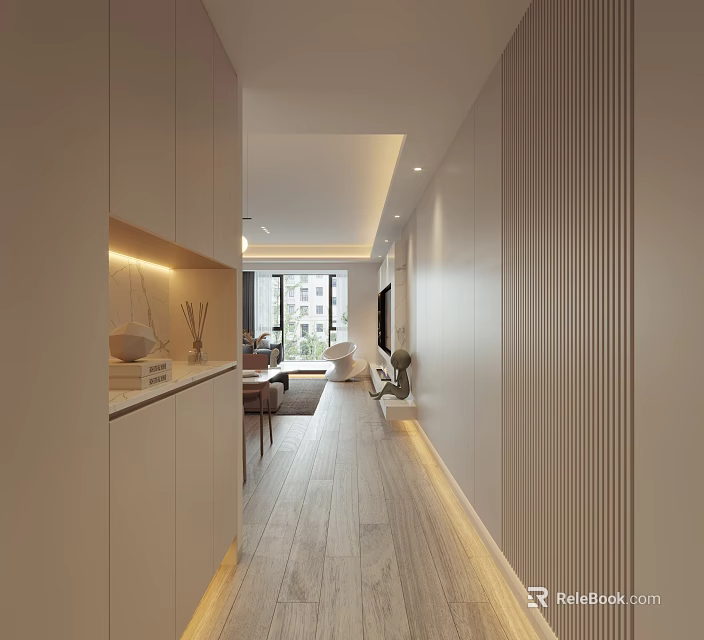 Modern Living And Dining Room Interior Design With Light Colored Walls Wooden Flooring And Cabinets 3d model 