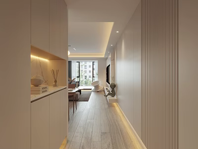 Modern Living And Dining Room Interior Design With Light Colored Walls Wooden Flooring And Cabinets 3d model