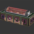 Cartoon Scene Featuring Stylish Building With Arched Grid Top And Square Windows With Glowing Lights
