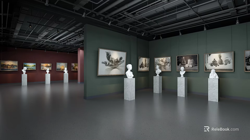 Modern Art Gallery Exhibition Hall With Paintings Sculptures Green Red Walls And White Pedestals 3d model 