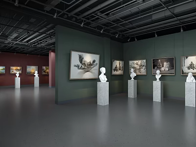 Modern Art Gallery Exhibition Hall With Paintings Sculptures Green Red Walls And White Pedestals 3d model