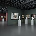 Modern Art Gallery Exhibition Hall With Paintings Sculptures Green Red Walls And White Pedestals