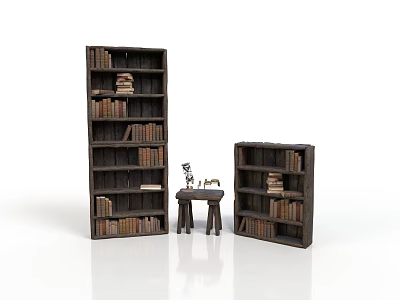 Sturdy Wooden Bookshelves With Small Stool Stacked Books And Decorative Items 3d model