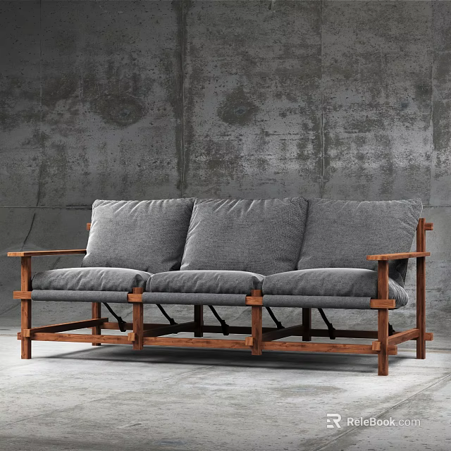 Gray Three Seat Leisure Chair With Wooden Frame And Gray Rough Wall Background 3d model 