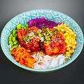 Colorful Nutritious Bowl with Seasoned Meat Sesame Seeds Purple Cabbage Corn Peas Carrot and Rice