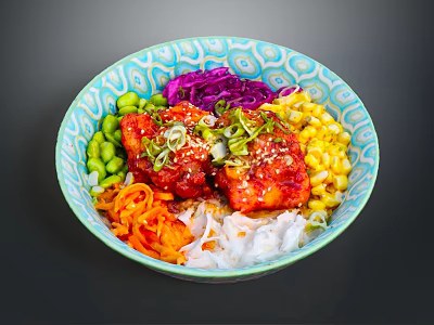 Colorful Nutritious Bowl with Seasoned Meat Sesame Seeds Purple Cabbage Corn Peas Carrot and Rice 3d model
