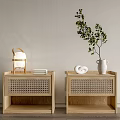 Natural Wooden Bedside Tables With Woven Drawers Table Lamp Books And Plant Vase