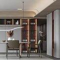 Elegant Modern Restaurant Interior With Dining Table Chairs And Wine Racks 3d model