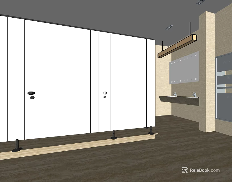 Modern Public Restroom Interior With White Partition Doors And Washbasin 3d model 