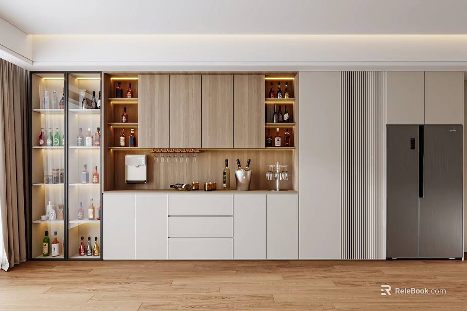 Modern Wine Cabinet Design With Wine Bottles Wine Glasses And Wooden White Cabinets 3d model 