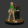 Woman Standing Playing Bass Guitar Next To Black Amplifier With Red Cup On Wooden Platform