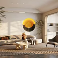 Modern Living Dining Room Interior With Beige Sofa Coffee Table Circular Sunset Art And Plants