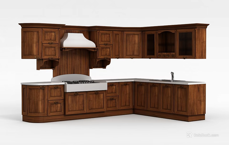 Classic Wooden Kitchen Cabinets With Upper And Base Units Stove And Sink 3d model 