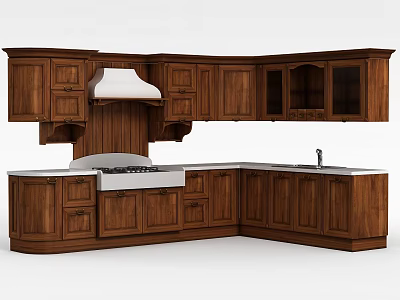 Classic Wooden Kitchen Cabinets With Upper And Base Units Stove And Sink 3d model