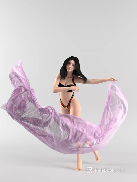 Woman In Black Bikini With Colorful Patterned Bottom Dancing With Purple Flowing Fabric 3d model 