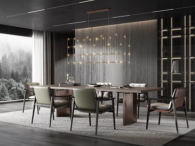 Modern Restaurant Interior With Dining Table Chairs Hanging Light Large Window And Forest View 3d model