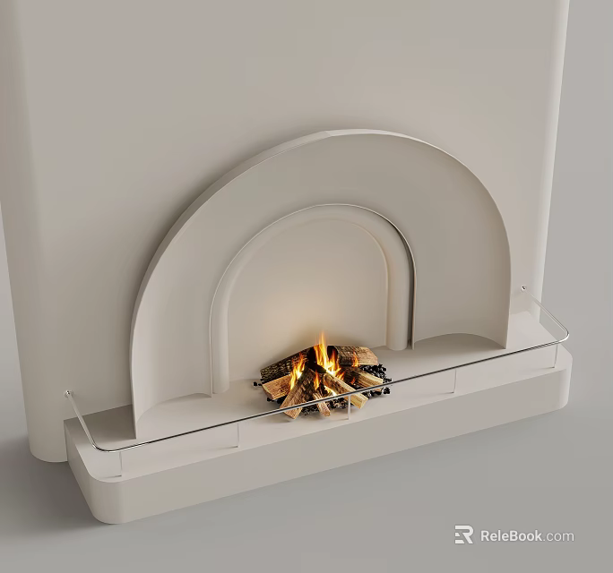 Arched White Fireplace Featuring Burning Flames and Glass Mantel Design 3d model 