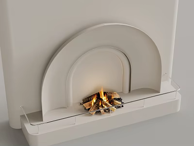 Arched White Fireplace Featuring Burning Flames and Glass Mantel Design 3d model