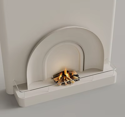 Arched White Fireplace Featuring Burning Flames and Glass Mantel Design 3d model