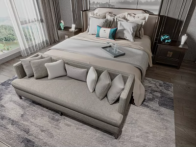 Elegant Modern Double Bed Interior With Plush Pillows Nightstands Bench And Area Rug 3d model