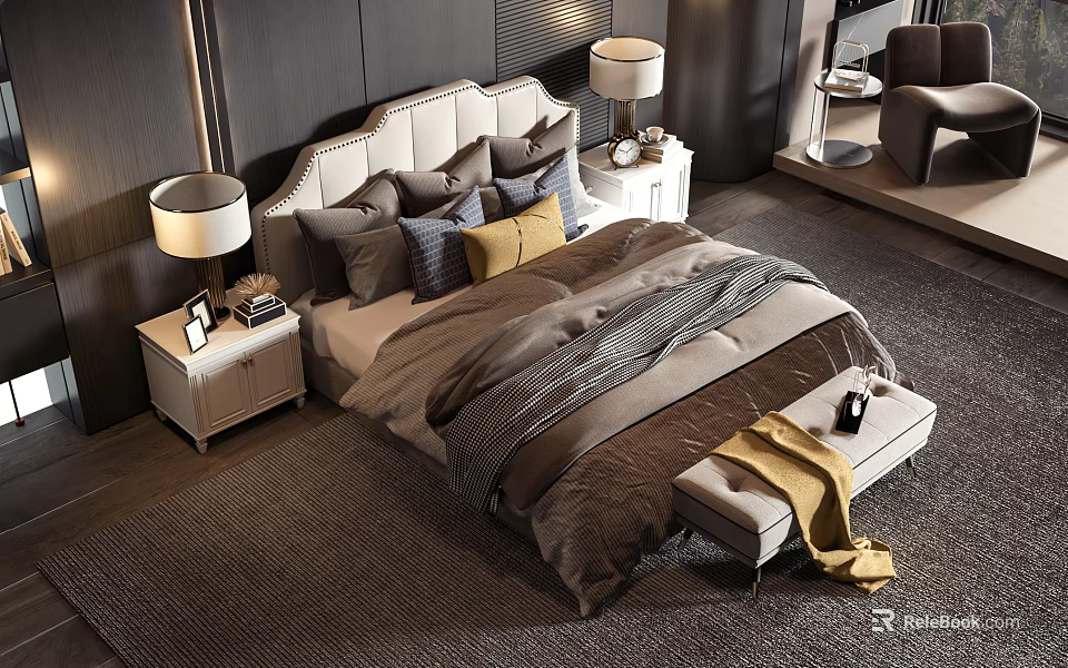Modern Double Bed with Upholstered Headboard Pillows Comforter Nightstands Table Lamps and Bench 3d model 