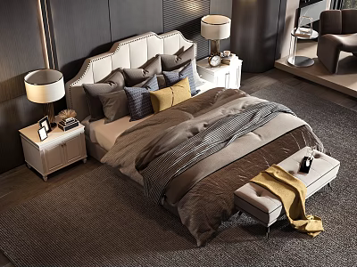 Modern Double Bed with Upholstered Headboard Pillows Comforter Nightstands Table Lamps and Bench 3d model