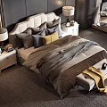 Modern Double Bed with Upholstered Headboard Pillows Comforter Nightstands Table Lamps and Bench