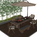 Landscape Seating With Wooden Deck Bamboo Plants Table Chairs Umbrella Bench And Red Fruits