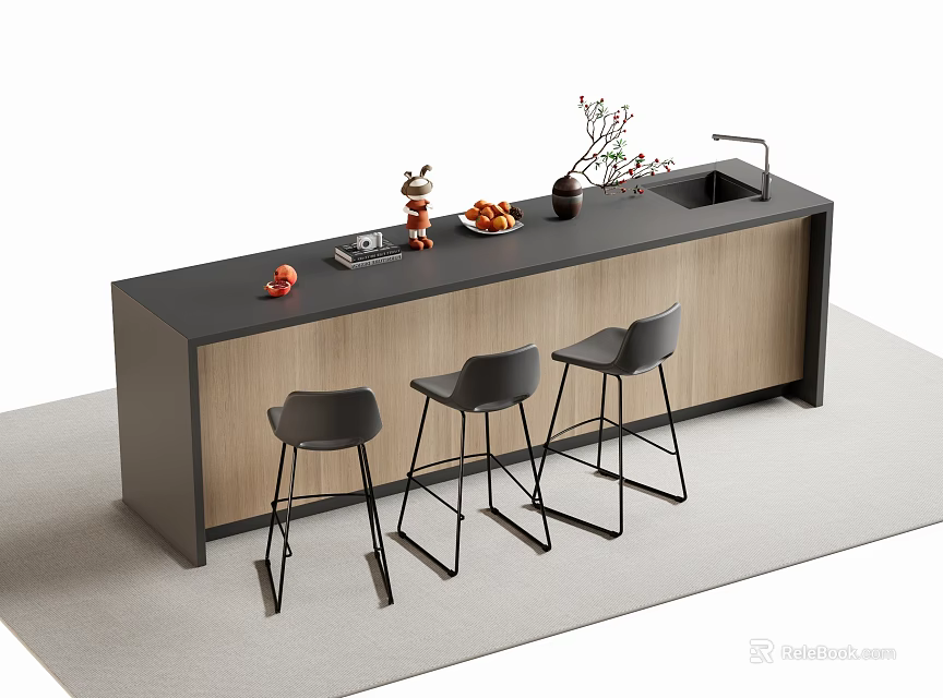 Modern Bar Counter With Black Countertop Wooden Cabinetry Sink And Three Black Bar Stools 3d model 