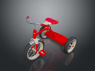 Red Tricycle With White Seat Silver Handlebars And Black Wheels On Reflective Surface 3d model