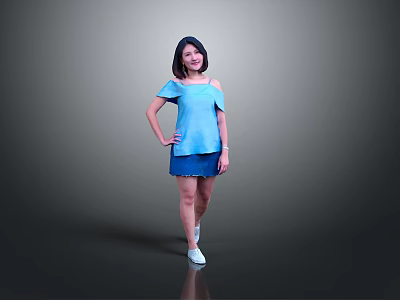Woman In Stylish Blue Off Shoulder Top Blue Skirt And White Shoes On Gray Background 3d model