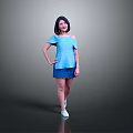 Woman In Stylish Blue Off Shoulder Top Blue Skirt And White Shoes On Gray Background