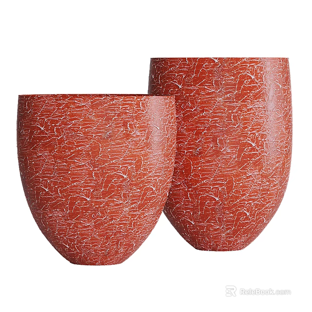 Pair of Red Ceramic Vessels With White Crackle Texture Design 3d model 