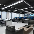 Modern Spacious Control Room Office Desks With Complete Set Of Monitors And Ergonomic Office Chairs