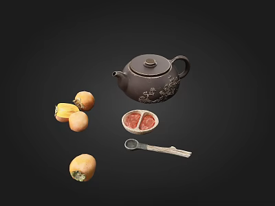 Traditional Chinese Tea Set With Carved Teapot Persimmons And Metal Spoon 3d model