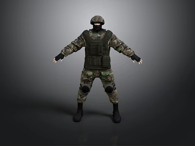 Tactical Soldier In Camouflage Uniform With Helmet Vest And Knee Pads Standing On Gray Background 3d model