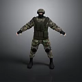 Tactical Soldier In Camouflage Uniform With Helmet Vest And Knee Pads Standing On Gray Background