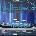 Futuristic Tech Exhibition Space With Circular Platform Intricate White Patterns And Blue Background 3d model