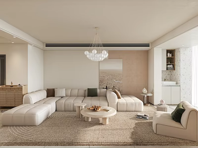 Modern Living Dining Room Light Interior With White L Shaped Sofa Round Table And Chandelier 3d model