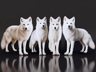 Sleek Four White Reptiles Standing On Black Background With Ground Reflections 3d model