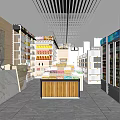 Modern Supermarket Interior With Grocery Shelves Refrigerated Displays And Checkout Counter