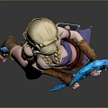 Fantasy Woman in Purple Outfit Holding Blue Curved Weapon with Decorative Boots