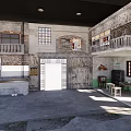 Vintage Two Story Building Interior With Balcony Hanging Clothes Old Furniture And Bicycle